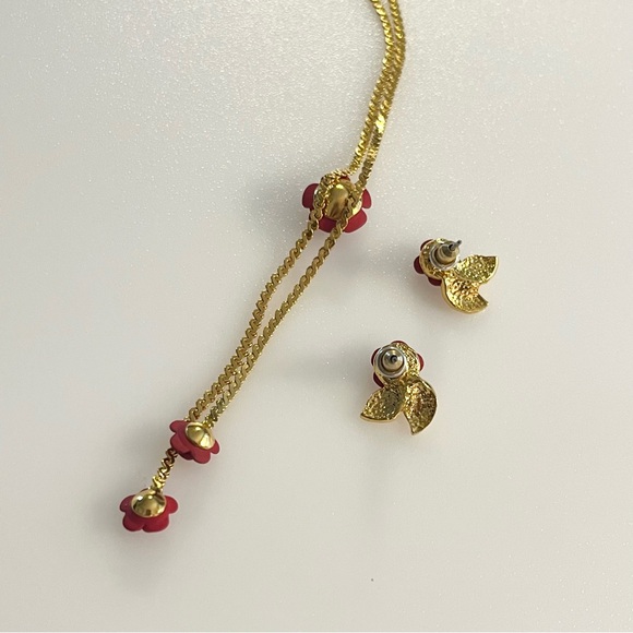 Vintage June Birth Flower Necklace and Earrings Set Gold Tone Red Rose Enamel - Picture 14 of 16